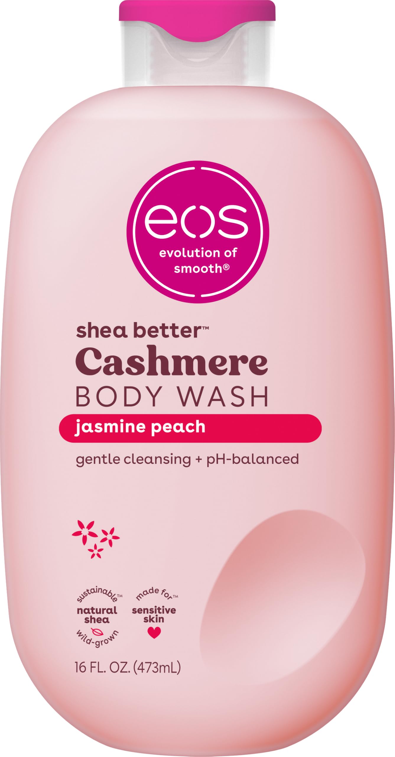 Pink bottle of eos Cashmere Body Wash with a pink cap on a white background