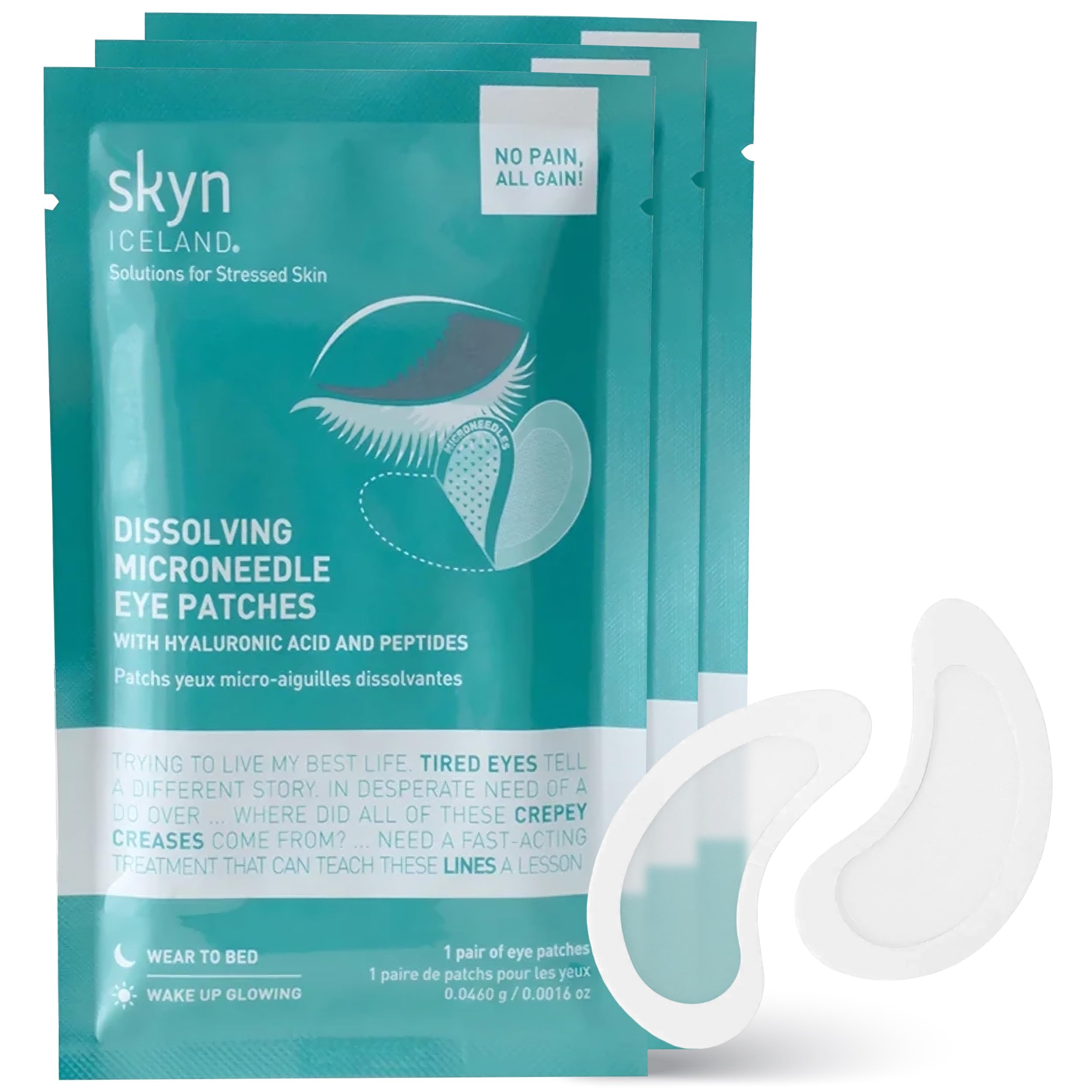 Pack of 3 pairs of skyn ICELAND dissolving microneedle under-eye patches for deep hydration and wrinkle smoothing.