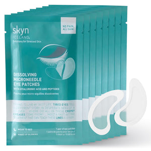 Box of 8 pairs of skyn ICELAND dissolving microneedle under-eye patches with hyaluronic acid and peptides.
