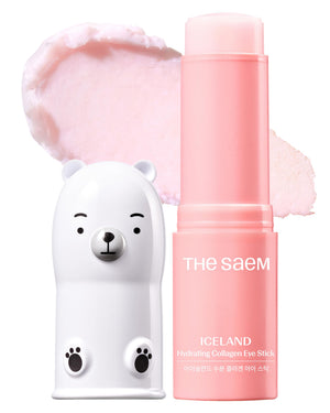 theSAEM Iceland Hydrating Collagen Eye Stick in purple packaging, a firming balm to reduce wrinkles and lift saggy skin.
