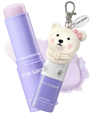 theSAEM Iceland Hydrating Peptide Eye Stick with its iconic blue packaging and the limited edition cute bear keyring.